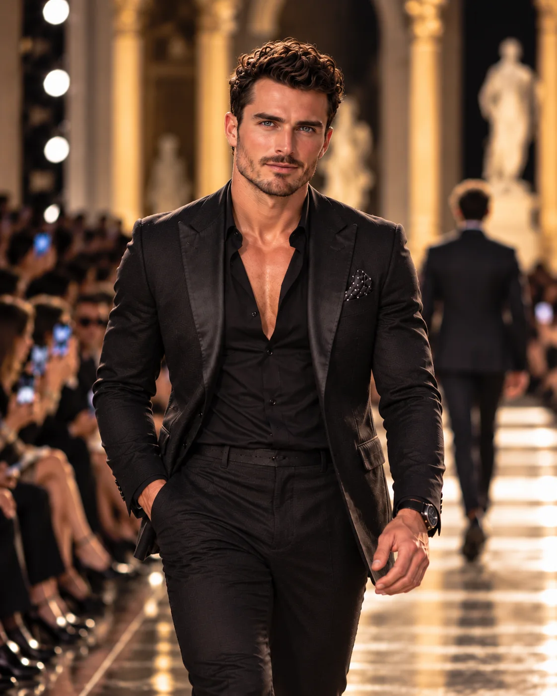Kai Navarro in a black suit and open-collar shirt, walking a golden runway